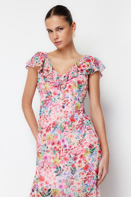 Pembe Cicekli F?rf?rl? Sifon Astarl? Maxi Dokuma Elbise TWOSS24EL00149 - Trendyolmilla фото 4