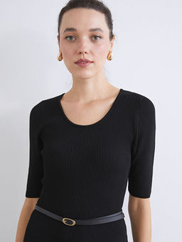 U Yaka Fitilli Kemerli Elbise