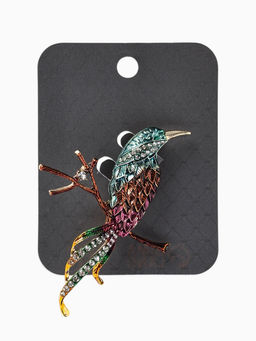 Брошь «Птица» на ветке, цветная в золоте