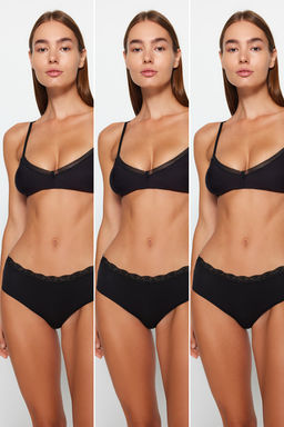 Trendyolmilla Siyah 3lu Pamuklu Dantelli Rahat Kal?p Hipster Orme Kulot THMAW24KU00009