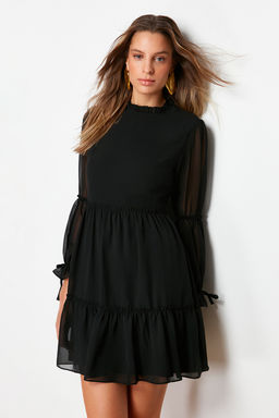 Trendyolmilla Mavi Duz Belden Ac?lan Dik Yaka Buzgulu Mini Astarl? Dokuma K?sl?k Elbise TWOAW20EL0345  фото 4
