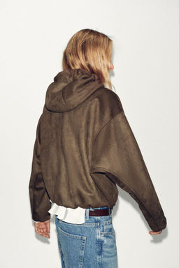 HOODED FAUX SUEDE BOMBER JACKET