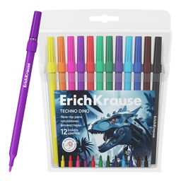 АКЦИЯ Цена за 12 шт. Фломастеры ErichKrause Techno Dino, 12 цветов (в футляре с европодвесом 12 шт)