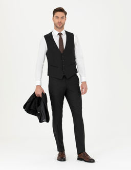 Siyah Slim Fit _izgili Yelekli Tak_m Elbise