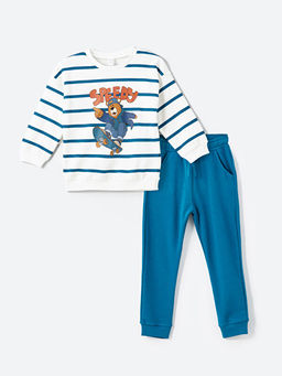 Bisiklet Yaka ?izgili Erkek ?ocuk Sweatshirt ve E?ofman Alt 2li