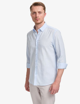 A__k Mavi %100 Pamuk Keten G_r_n_ml_ Slim Fit Uzun Kollu G_mlek