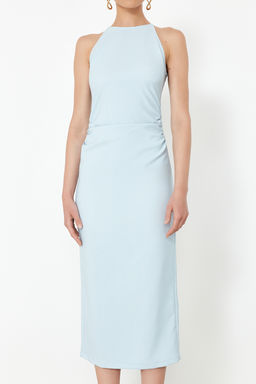 Mavi Vucuda Oturan Halter Yaka Midi Kalem Etek Dokuma Elbise TWOSS24EL00158 - Trendyolmilla фото 4