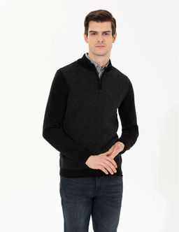 Siyah Slim Fit Fermuarl_ Dik Yaka Triko Kazak