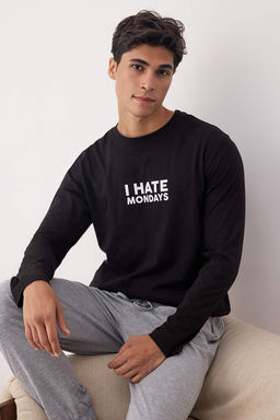 Siyah %100 Pamuk Slogan Bask?l? Regular Fit Orme Pijama Tak?m? TMNAW23PT00017