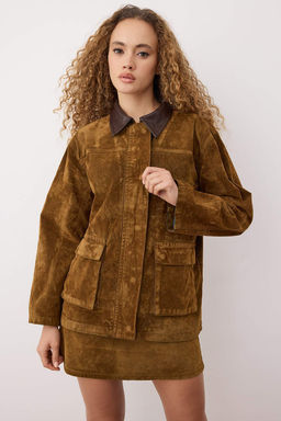 Camel Yakas? Deri Detayl? Suet Gorunumlu Oversize Denim Ceket TWOAW26CE00051 - Trendyolmilla фото 3