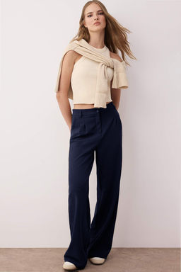 Koyu Lacivert Pilili Wide Leg/Genis Paca Pantolon TWOAW25PL00109