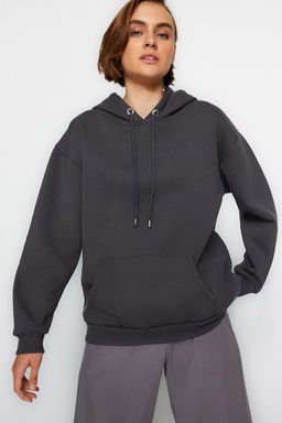 TRENDYOLMILLA Bej Kal?n Ici Polarl? Kanguru Cepli Kapusonlu Boyfriend/Genis Kal?p Orme Sweatshirt TWOAW20SW0525 фото 8