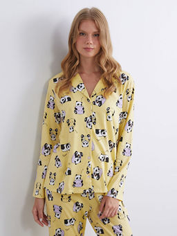 G?mlek Yaka Bask?l? Kad?n Pijama Tak?m?