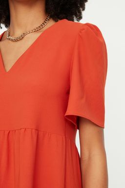 Kiremit Genis Kesim V Yaka Mini Dokuma Elbise TWOSS20EL0400