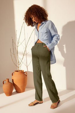 Haki %100 Keten Yuksek Bel Wide Leg Pantolon TWOSS24JE00246 - Trendyolmilla фото 6