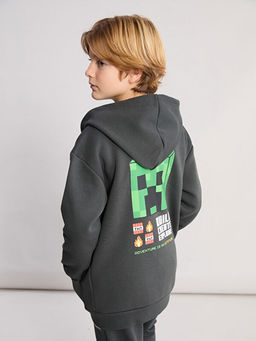 Kap??onlu Minecraft Bask?l? Erkek ?ocuk Fermuarl? Sweatshirt
