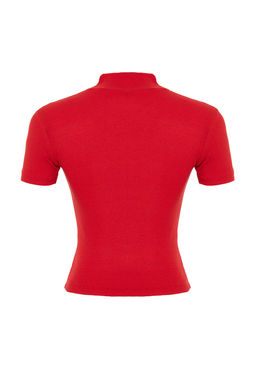 Trendyolmilla K?rm?z? Fitted/Vucuda Oturan Dik Yaka Crop Fitilli Esnek Orme Bluz TWOSS21BZ0780