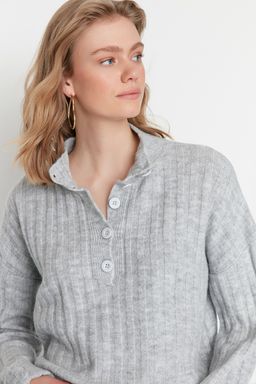 Gri Genis Kal?p Yumusak Dokulu Dik Yaka Triko Kazak TWOAW21KZ0783