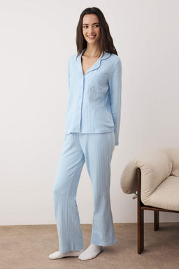 Mavi Cep Detayl? Fitilli K?sl?k Orme Pijama Tak?m? THMAW26PT00127