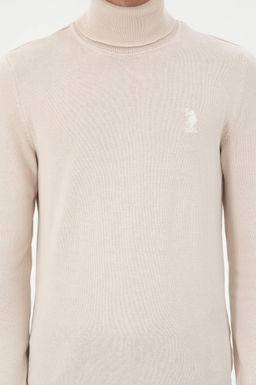 Erkek Slim Fit Bo_azl_ Yaka Krem Melanj Basic Kazak