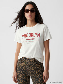 Bisiklet Yaka Brooklyn Bask?l? Kad?n Ti??rt