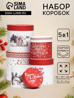 Набор шляпных новогодних коробок 5 в 1 «Зима время чудес», 23×23 — 15×15 см