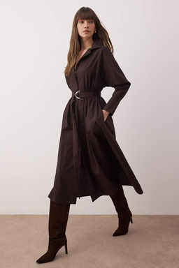 Koyu Kahverengi Kusakl? Midi Dokuma Elbise TWOAW26EL00338