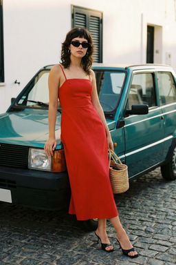 TRENDYOLMILLA K?rm?z? Duz Duz Kesim Gipeli Maxi Dokuma Elbise TWOSS25EL00626 фото 10