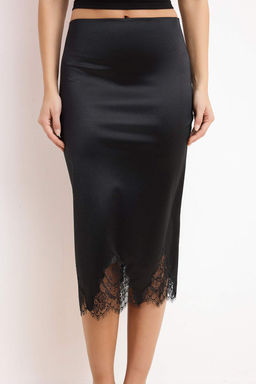 Siyah Bal?k Beli Lastikli Dantel Detayl? Normal Bel Midi Saten Orme Etek TWOSS26ET00047 - Trendyolmilla фото 3