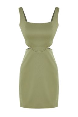 Haki A-Kesim Mini Pamuklu Bel Dekolteli Kare Yaka Astarl? Dokuma Elbise TWOSS23EL00596