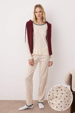 Ekru %100 Pamuk Cicekli Dantel Detayl? Fitilli/Pointel Orme Pijama Tak?m? THMAW26PT00207