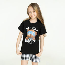 Пижама детская черная клетка спящий мишка