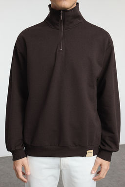Koyu Kahverengi Oversize/Genis Dik Yaka Fermuarl? Etiketli Ici Polarl? Sweatshirt TMNAW25SW00168