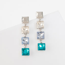 Серьги со стразами Блум квадраты светлые, цветные в серебре