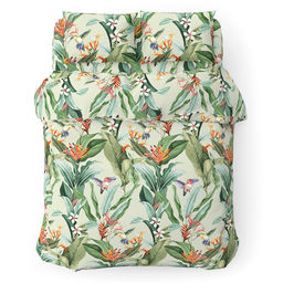 Постельное белье, комплект Евро Макси "Тропический сад", 4 предмета: пододеяльник 240х215см, простыня 220х240см, 2 наволочки 50х70см с клапаном-запахом, поплин 115г/м2, хлопок 100%, упаковка "классическая" ПВХ 34,5х41см, "Домашняя мода" (Россия)