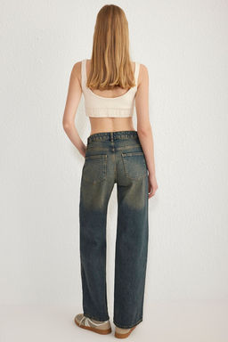 Koyu Mavi Premium Vintage Y?kama Efektli Dusuk Bel Wide Leg Jeans TWOSS25JE00083 - Trendyolmilla фото 4