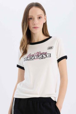 Coool Regular Fit Bisiklet Yaka Bask?l? Ribana K?sa Kollu Tisort