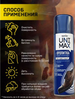 UNIMAXср-во д/защиты от воды изделий из гладкой кожи, замши, нубука, велюра и текстиля 250мл