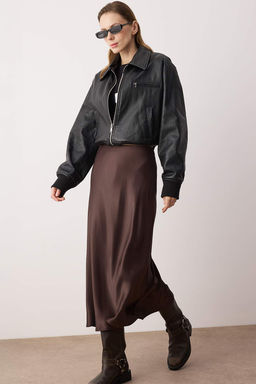 Kahverengi Saten A-line/Can Kesim Midi Etek TWOAW26ET00163