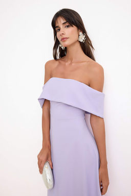 Lila Duz Etegi Belden Ac?lan Dokuma Finike Midi Astars?z S?k/Gece Elbise