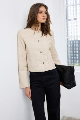 Tas Dugmeli Cep Detayl? Eskitme Gorunumlu Dokuma Suni Deri Ceket TWOAW26CE00018 - Trendyolmilla фото 2