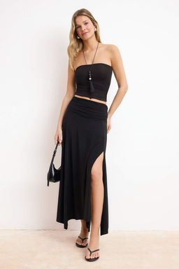 Siyah Bel Detayl? Y?rtmacl? Esnek Orme Maxi Etek TWOSS25ET00068