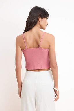 Ac?k Pembe Fitted/Vucuda Oturan Havuz Yaka Dantel Detayl? Crop Dokulu Orme Bluz TWOSS26BZ00160