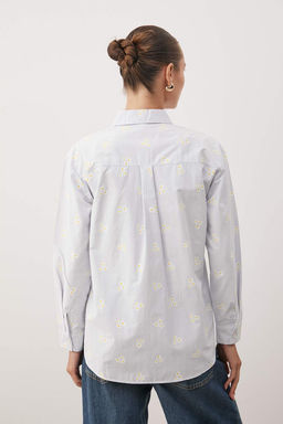 TRENDYOLMILLA Mavi Cizgili Cicek Desenli Pamuklu Oversize Genis Kal?pl Dokuma Gomlek TWOSS23GO00373  фото 13