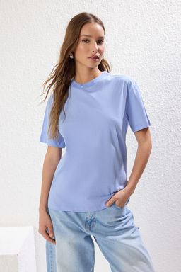 Ekru-Mavi 2li Paket %100 Pamuk Basic Dik Yaka Orme T-Shirt TWOSS20TS1500