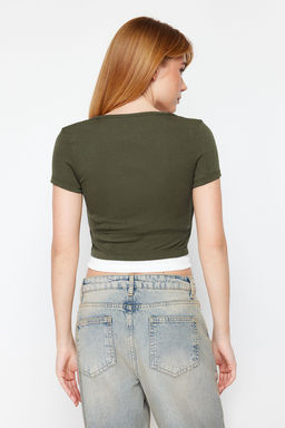 Trendyolmilla Haki Cift Kat Detayl? Fitted/Vucudu SaranFitilli Esnek Orme Bluz TWOSS24BZ00102  фото 12