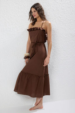 Kahverengi Dokuma F?rf?rl? %100 Pamuk Maxi Plaj Elbise TBESS25EL00097