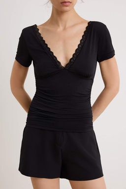 Siyah D_z Fitted/V_cuda Oturan V Yaka Dantel Detayl_ Esnek _rme Body TWOSS26BD00036 - Trendyolmilla фото 3