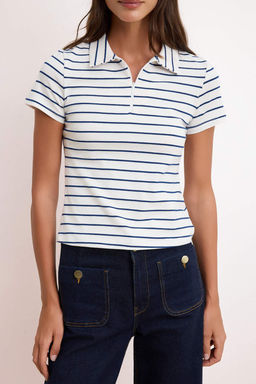 Lacivert Cizgili Normal Kal?p Polo Yaka Fermuarl? Crop Yumusak Orme Bluz TWOSS26TS00025