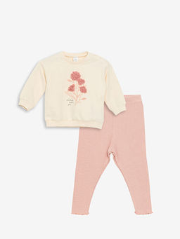 Bisiklet Yaka Bask?l? K?z Bebek Sweatshirt ve E?ofman Alt 2li Tak?m